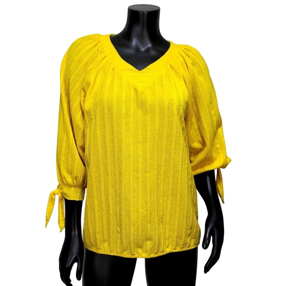 Vintage 70s Yellow Terry Cloth Ribbed Blouse VNeck Tie Cuff Half Sleeve Top